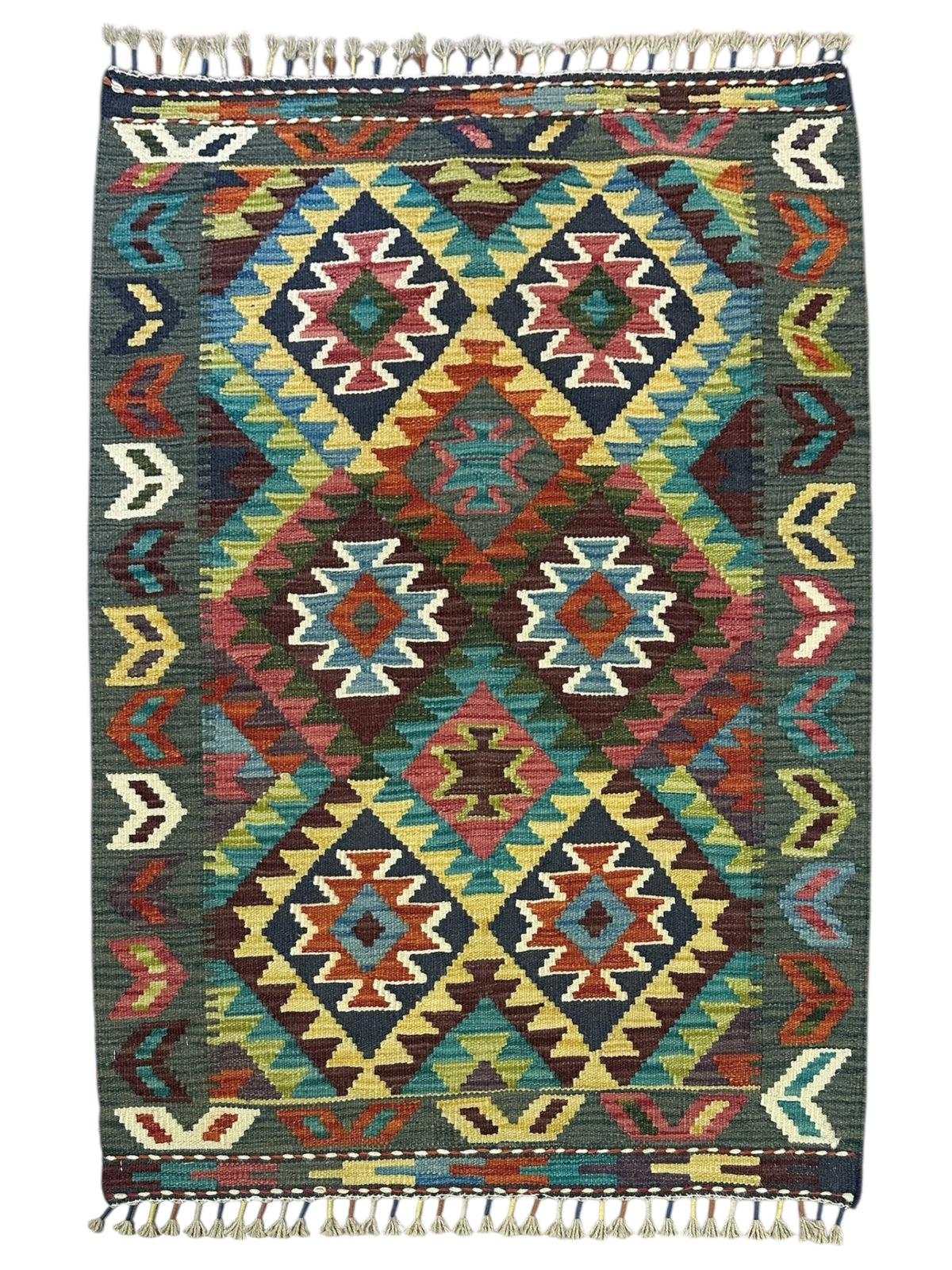 Afghan Kilim Rug 3x4, Green, Brown & Rust, Hand-Woven Wool Flatweave