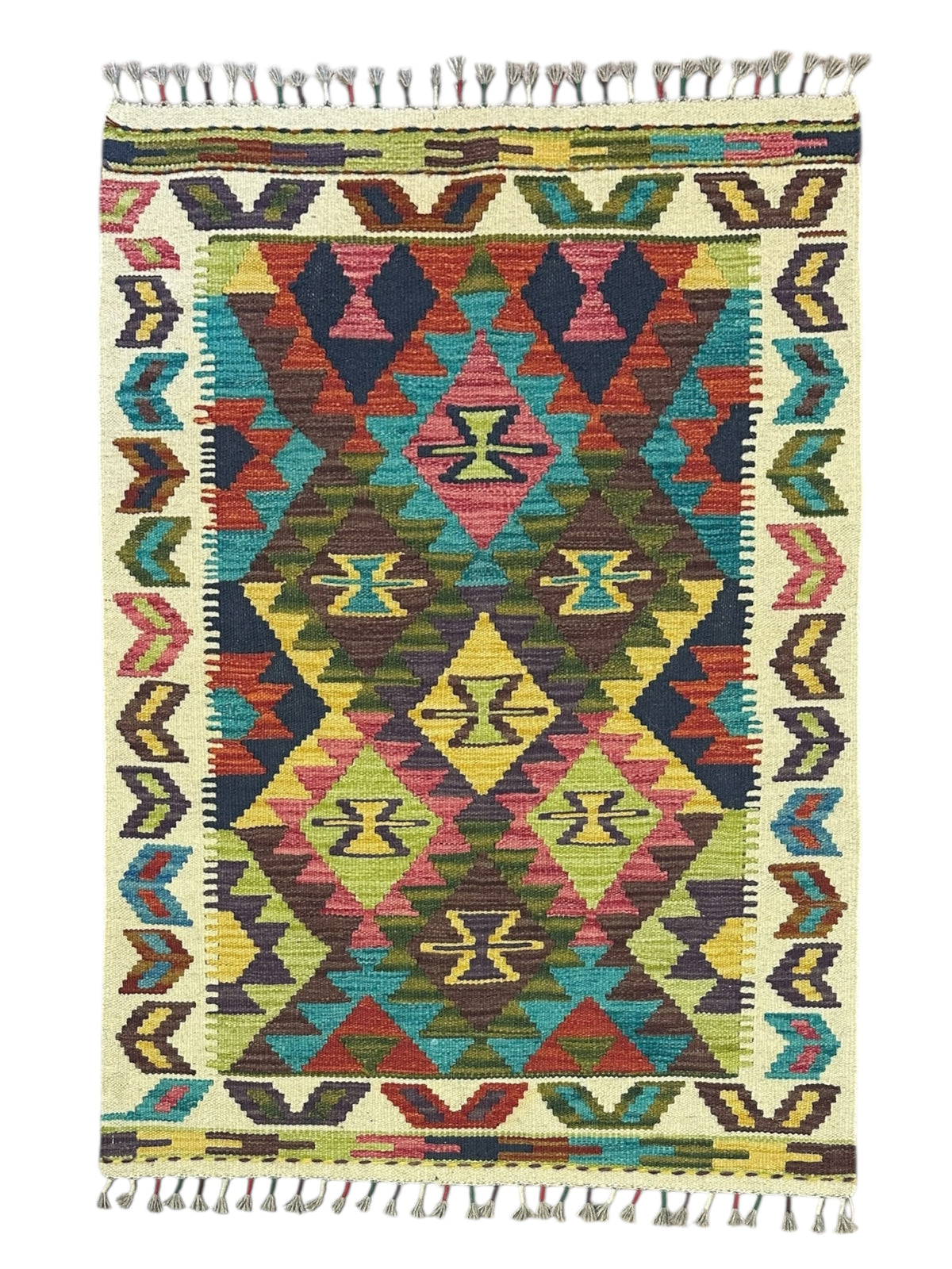 Afghan Kilim Rug 3x4, Ivory, Brown & Olive Green, Hand-Woven Wool Flatweave