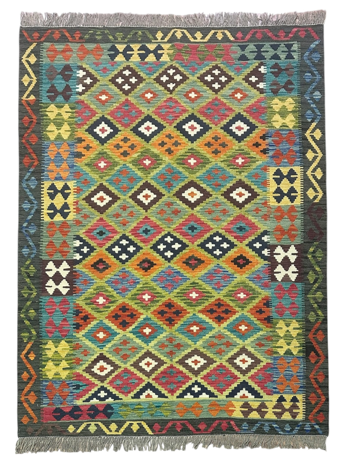 Afghan Kilim Rug 5x6, Green, Orange & Olive Green, Hand-Woven Wool Flatweave