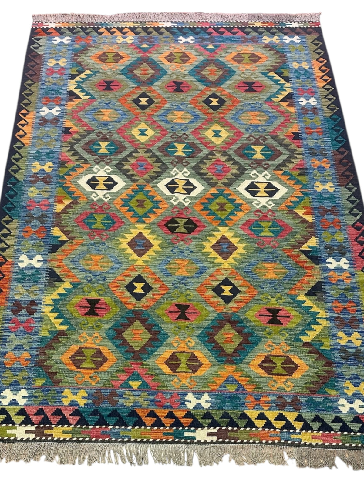 Afghan Kilim Rug 6x8, Teal, Orange & Blue, Hand-Woven Wool Flatweave, view 2