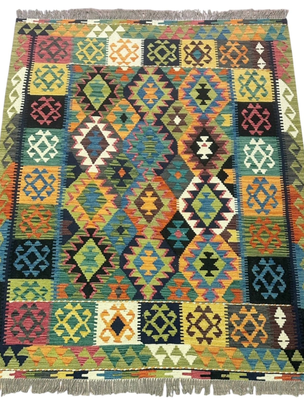 Afghan Kilim Rug 5x6, Black, Teal & Gold, Hand-Woven Wool Flatweave, view 2