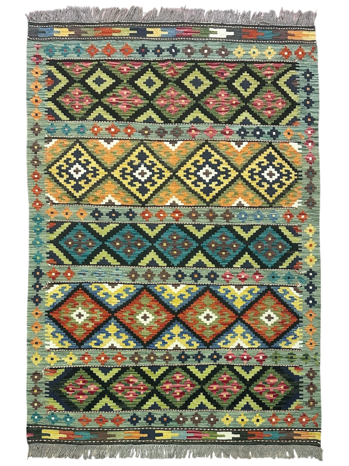 Afghan Kilim Rug 5x7, Teal, Black & Rust, Hand-Woven Wool Flatweave