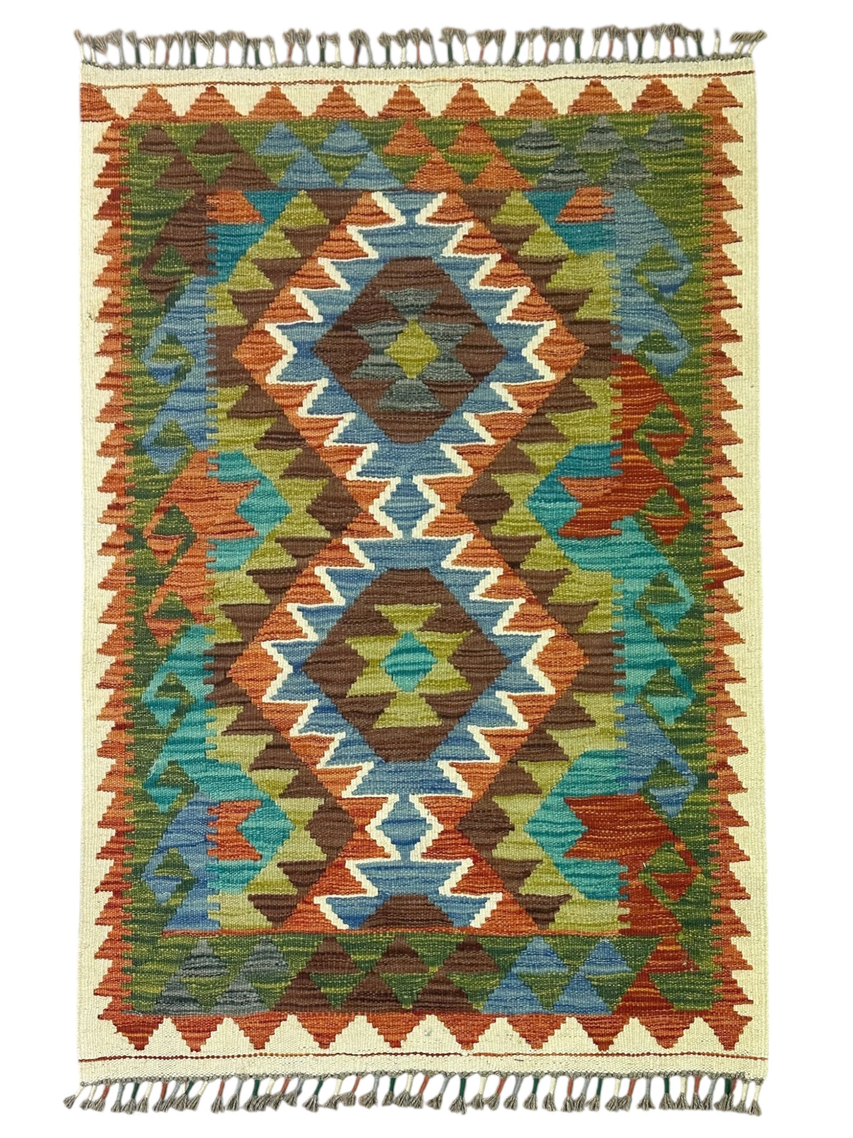 Afghan Kilim Rug 3x4, Rust, Olive Green & Ivory, Hand-Woven Wool Flatweave