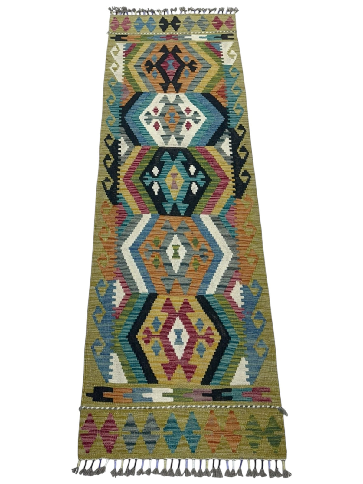 Afghan Kilim Runner 2x7, Gold, Ivory & Black, Hand-Woven Wool Flatweave, view 2