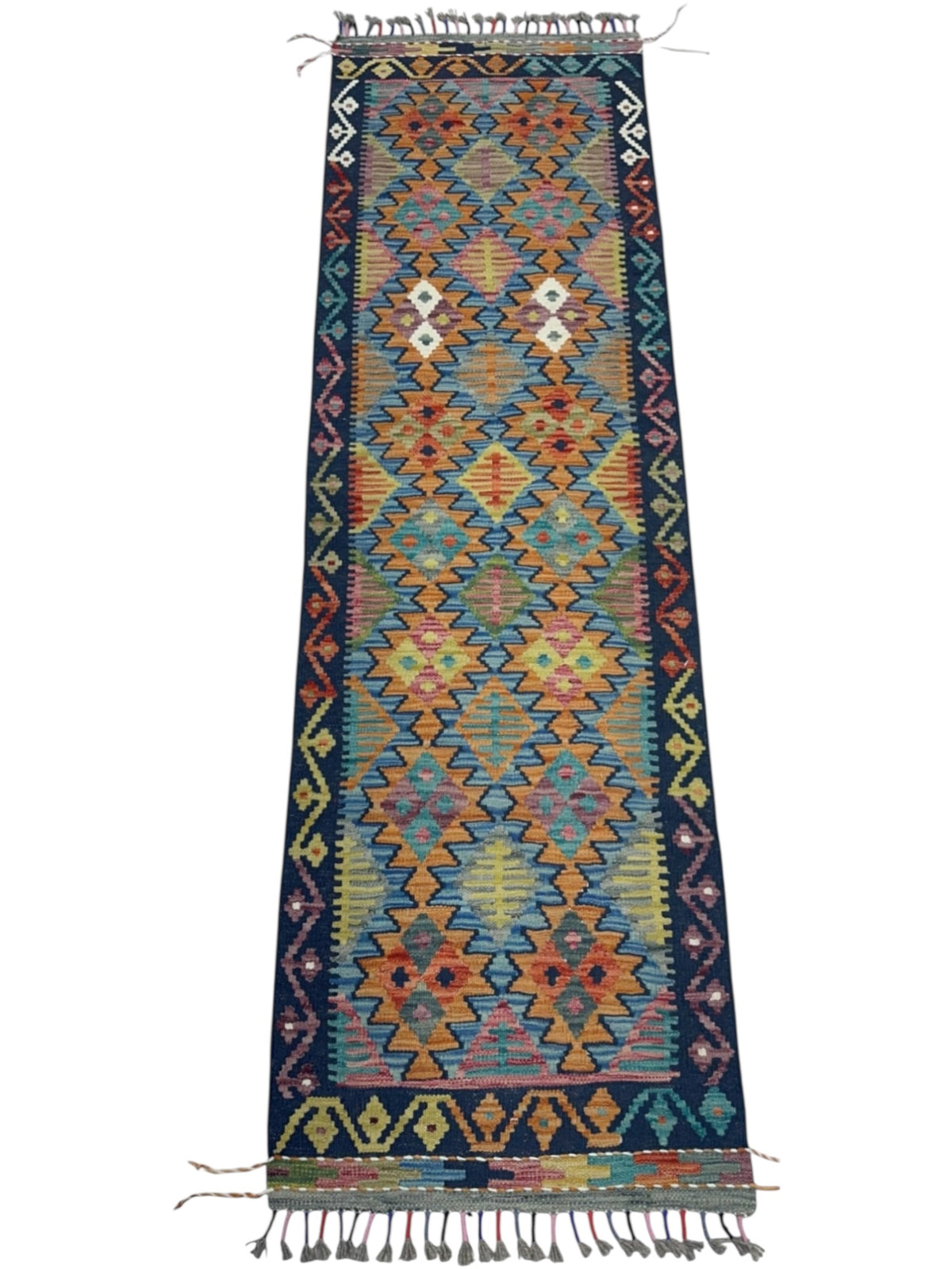Afghan Kilim Runner 2x7, Navy, Orange & Teal, Hand-Woven Wool Flatweave, view 2