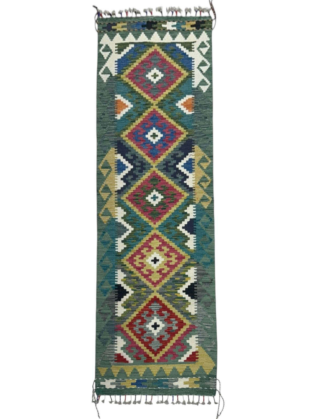 Afghan Kilim Runner 2x6, Green, Rust & Ivory, Hand-Woven Wool Flatweave