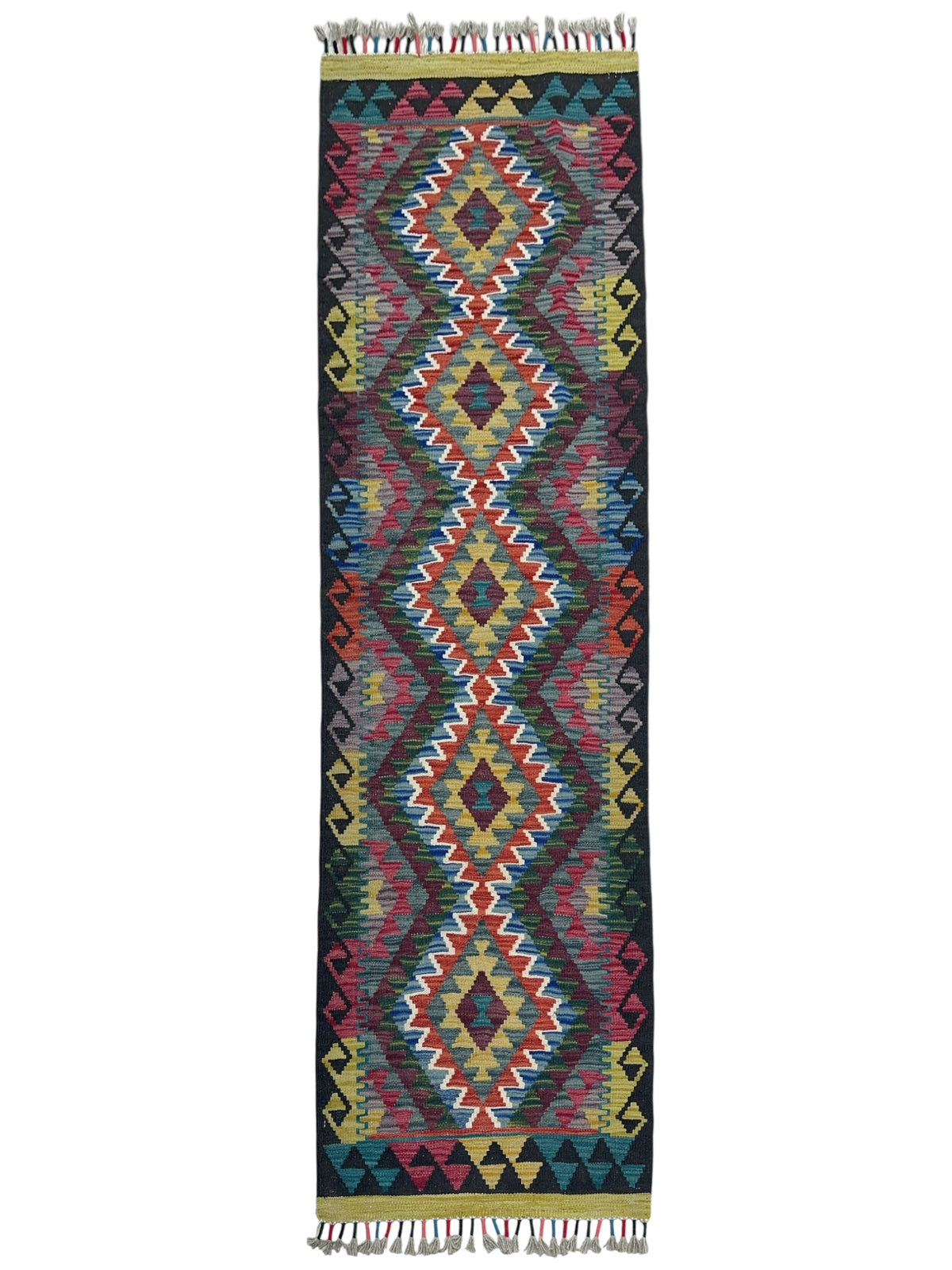 Afghan Kilim Runner 2x6, Black, Rust & Olive Green, Hand-Woven Wool Flatweave