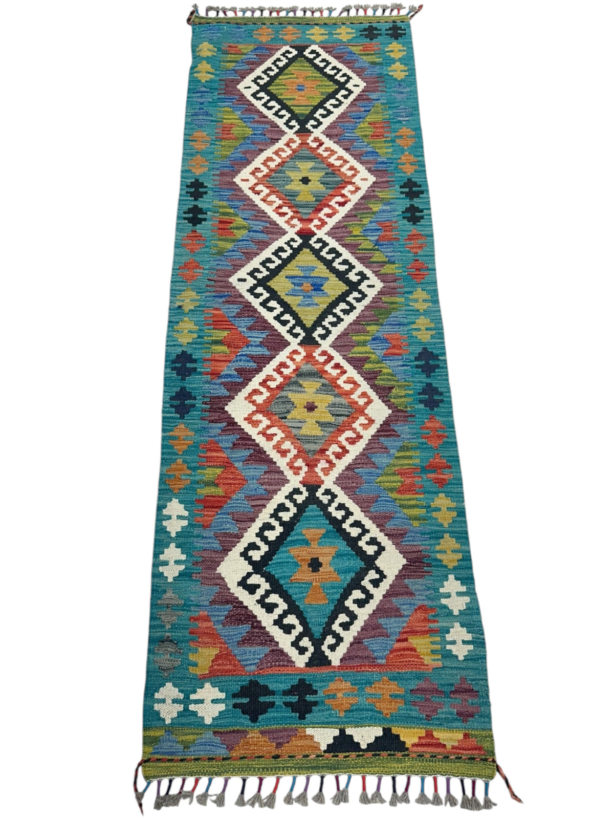 Afghan Kilim Runner 2x6, Teal, Ivory & Black, Hand-Woven Wool Flatweave, view 2