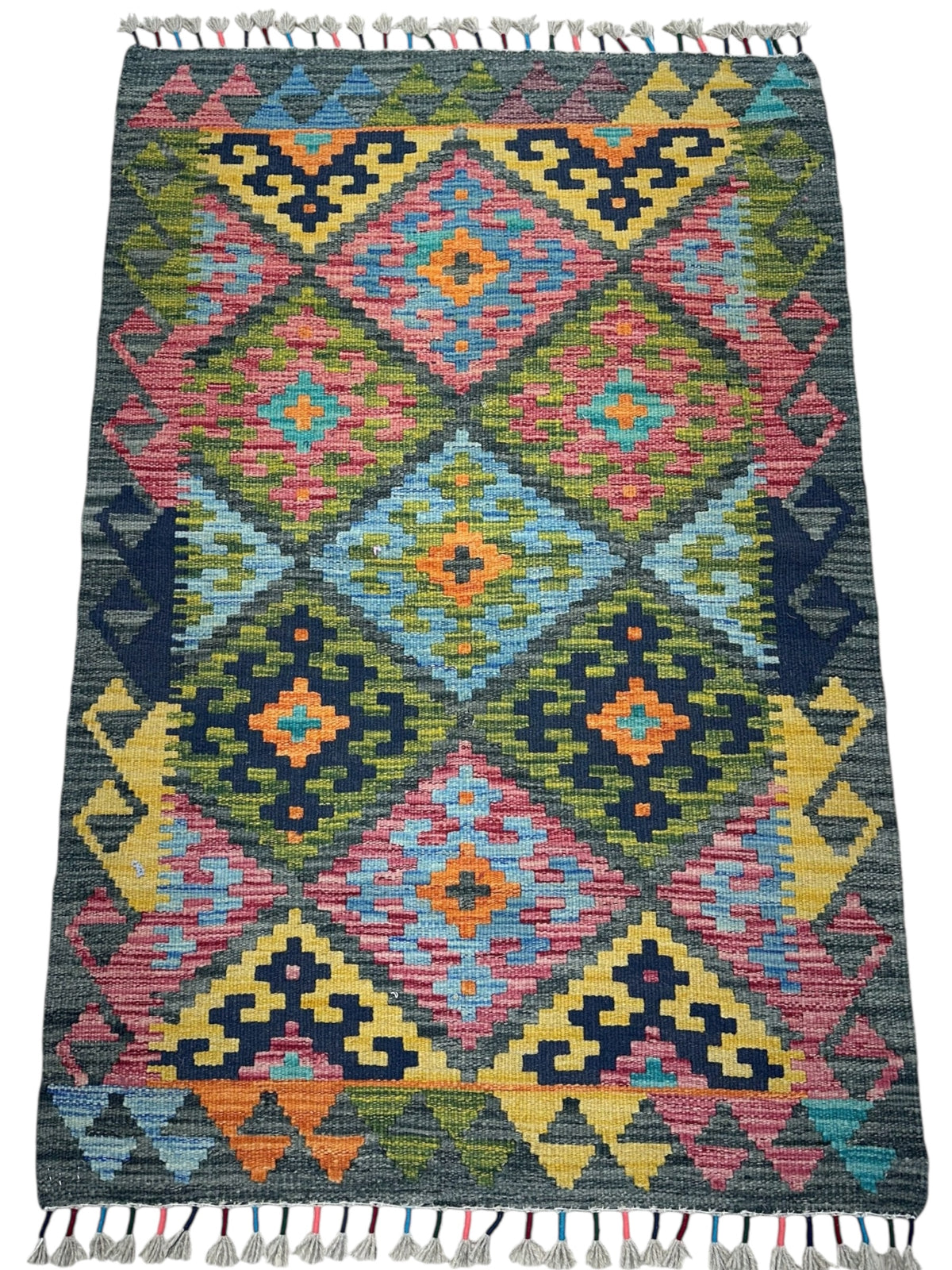 Afghan Kilim Rug 3x4, Pink, Olive Green & Gold, Hand-Woven Wool Flatweave, view 2
