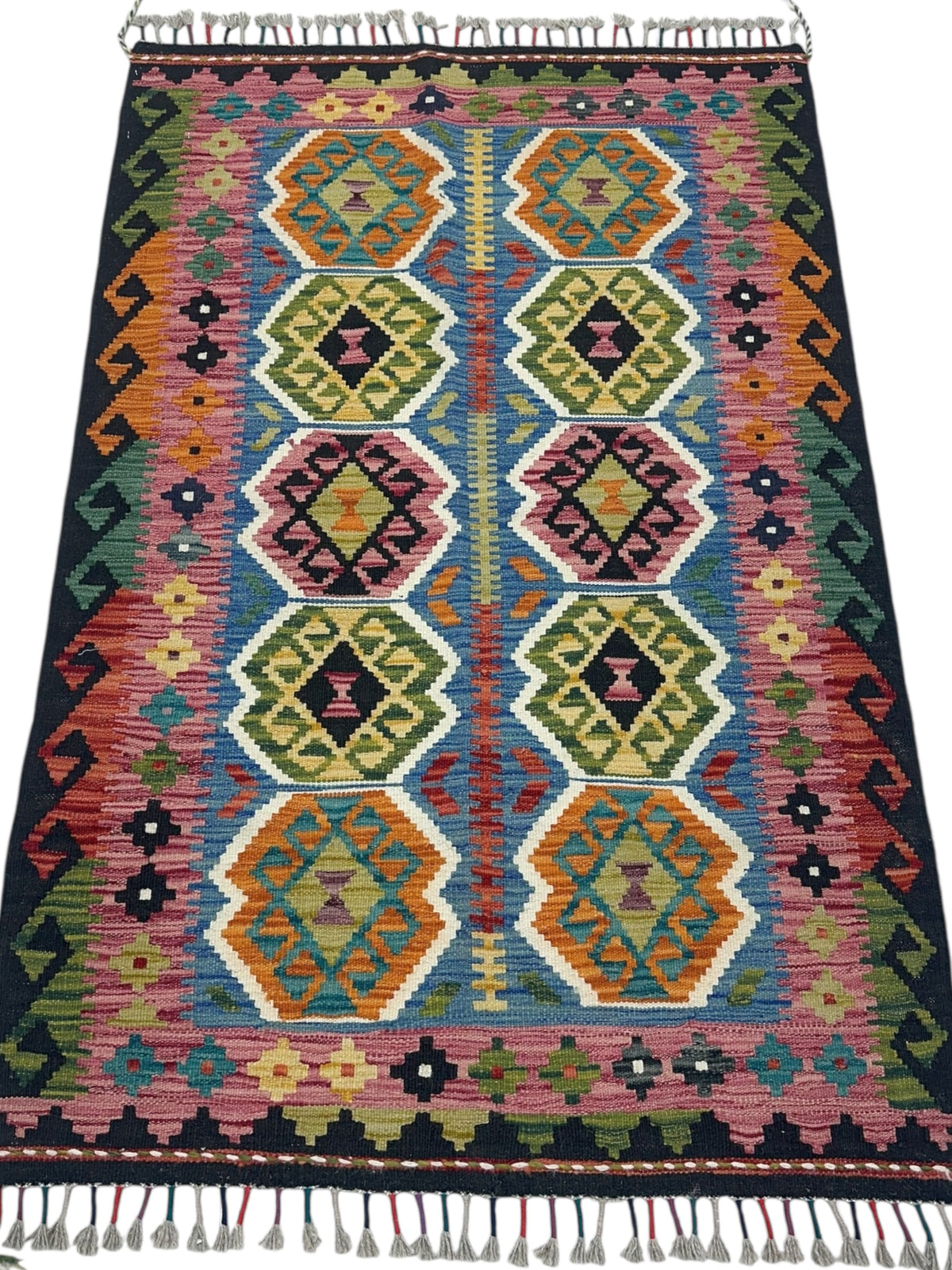 Afghan Kilim Rug 3x5, Pink, Olive Green & Black, Hand-Woven Wool Flatweave, view 2