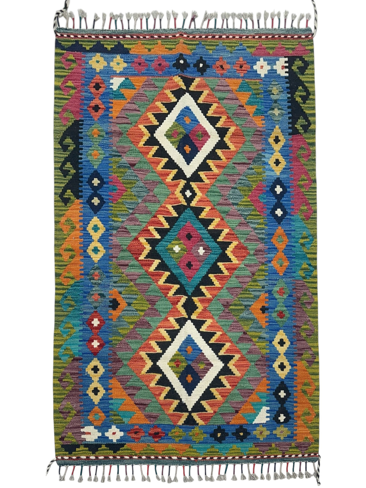 Afghan Kilim Rug 3x5, Blue, Olive Green & Orange, Hand-Woven Wool Flatweave