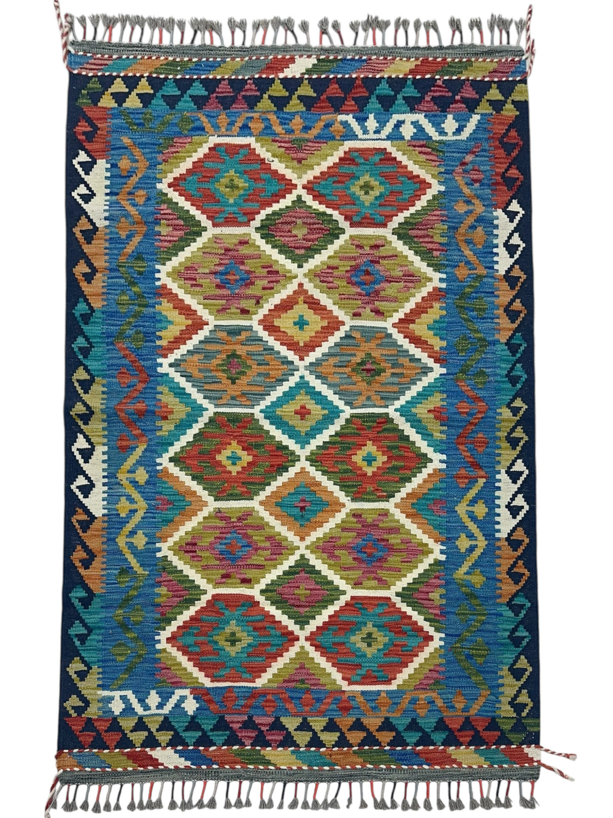 Afghan Kilim Rug 3x5, Teal, Navy & Rust, Hand-Woven Wool Flatweave