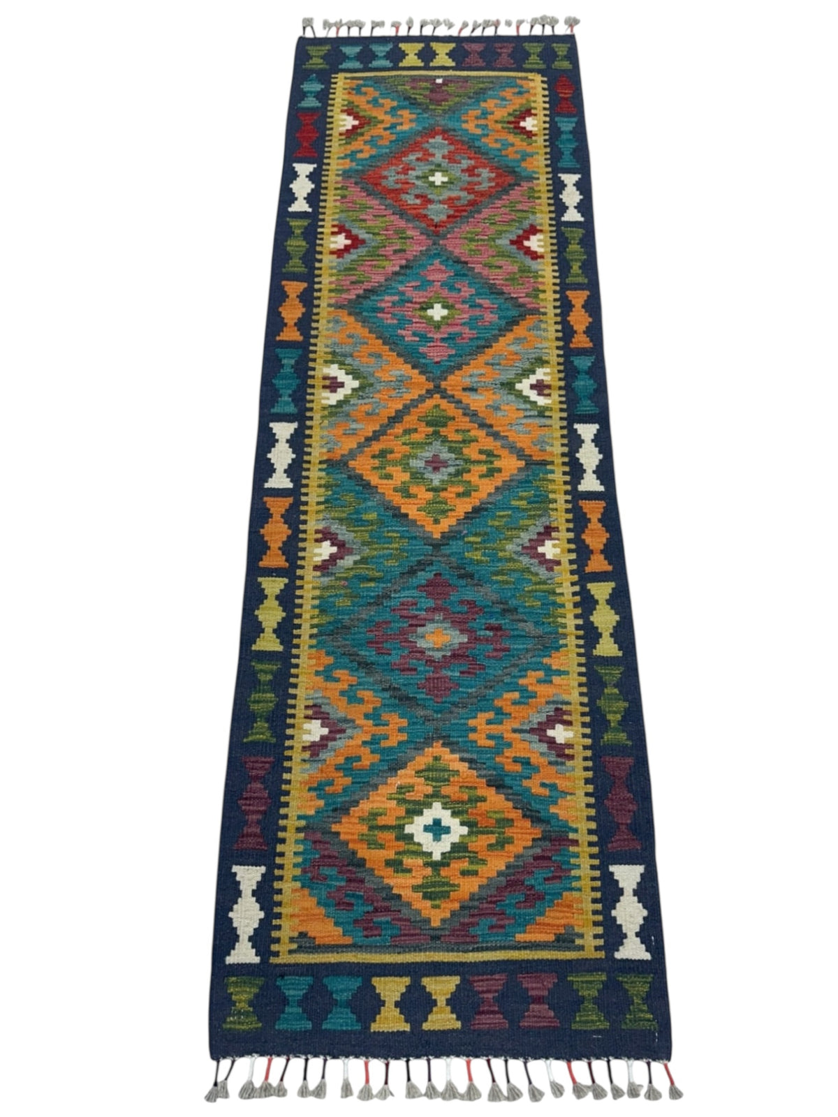 Afghan Kilim Runner 2x7, Navy, Teal & Orange, Hand-Woven Wool Flatweave, view 2