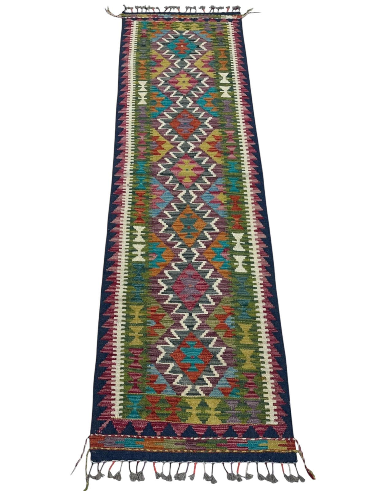 Afghan Kilim Runner 2x7, Navy, Rust & Olive Green, Hand-Woven Wool Flatweave, view 2