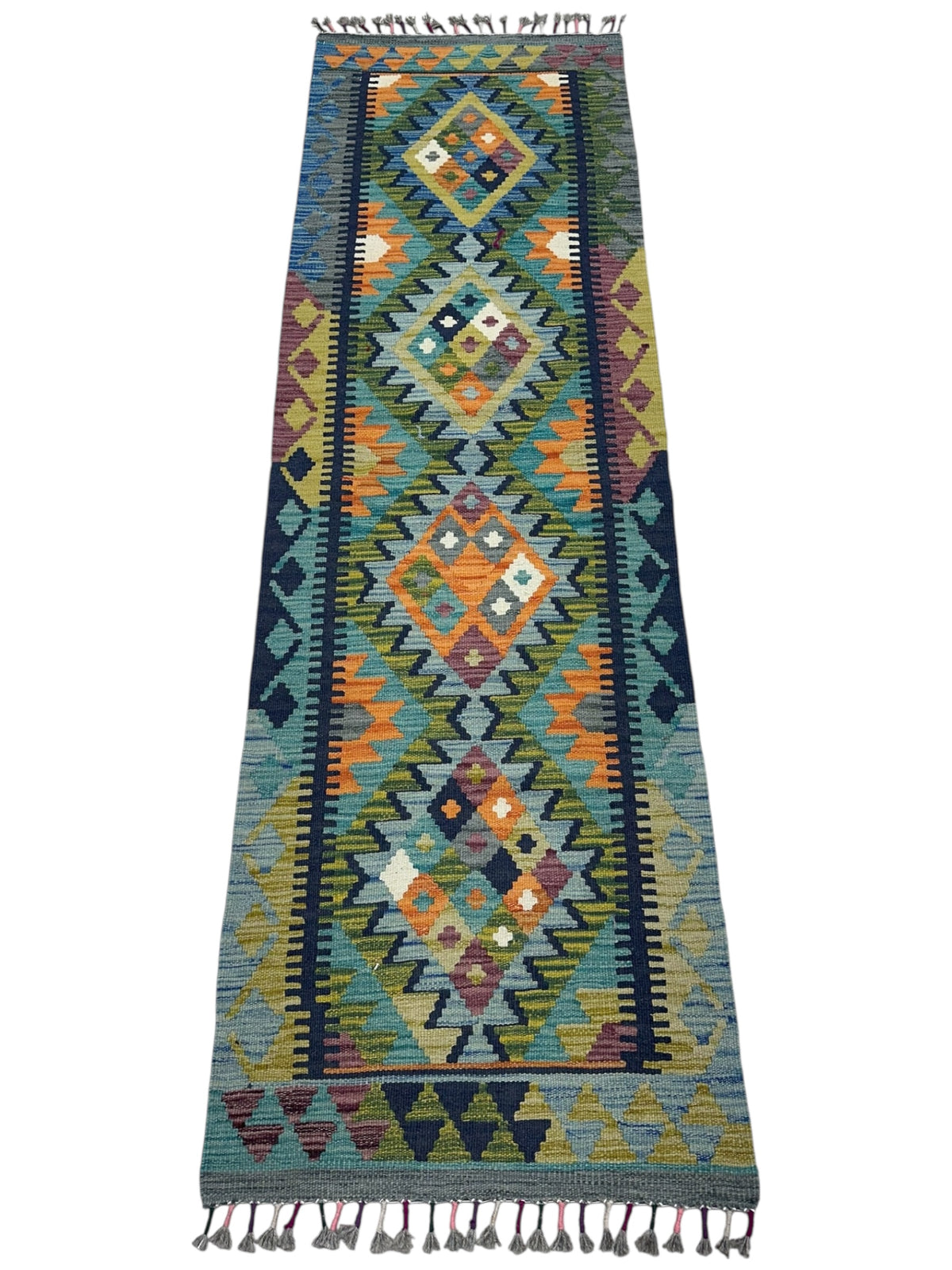 Afghan Kilim Runner 2x6, Olive Green, Blue & Orange, Hand-Woven Wool Flatweave, view 2