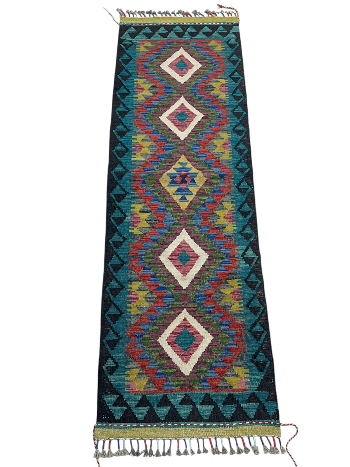Afghan Kilim Runner 2x6, Teal, Black & Pink, Hand-Woven Wool Flatweave, view 2