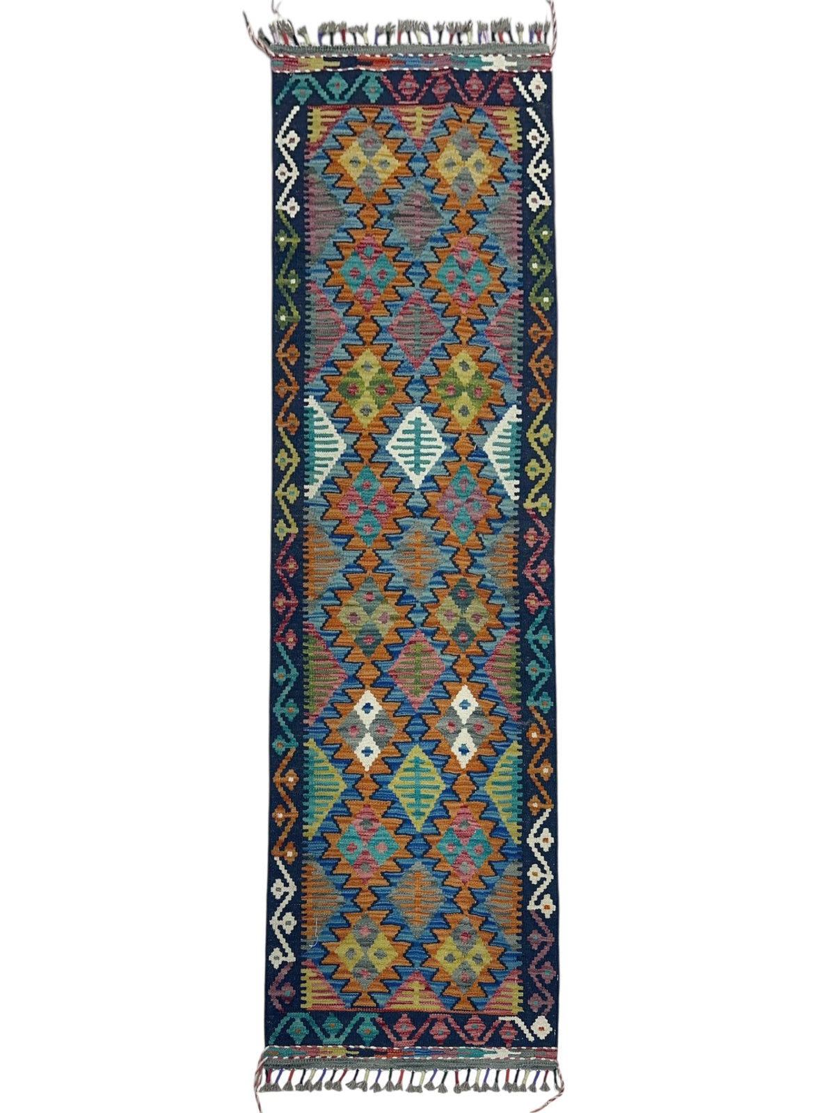 Afghan Kilim Runner 2x6, Navy, Orange & Teal, Hand-Woven Wool Flatweave