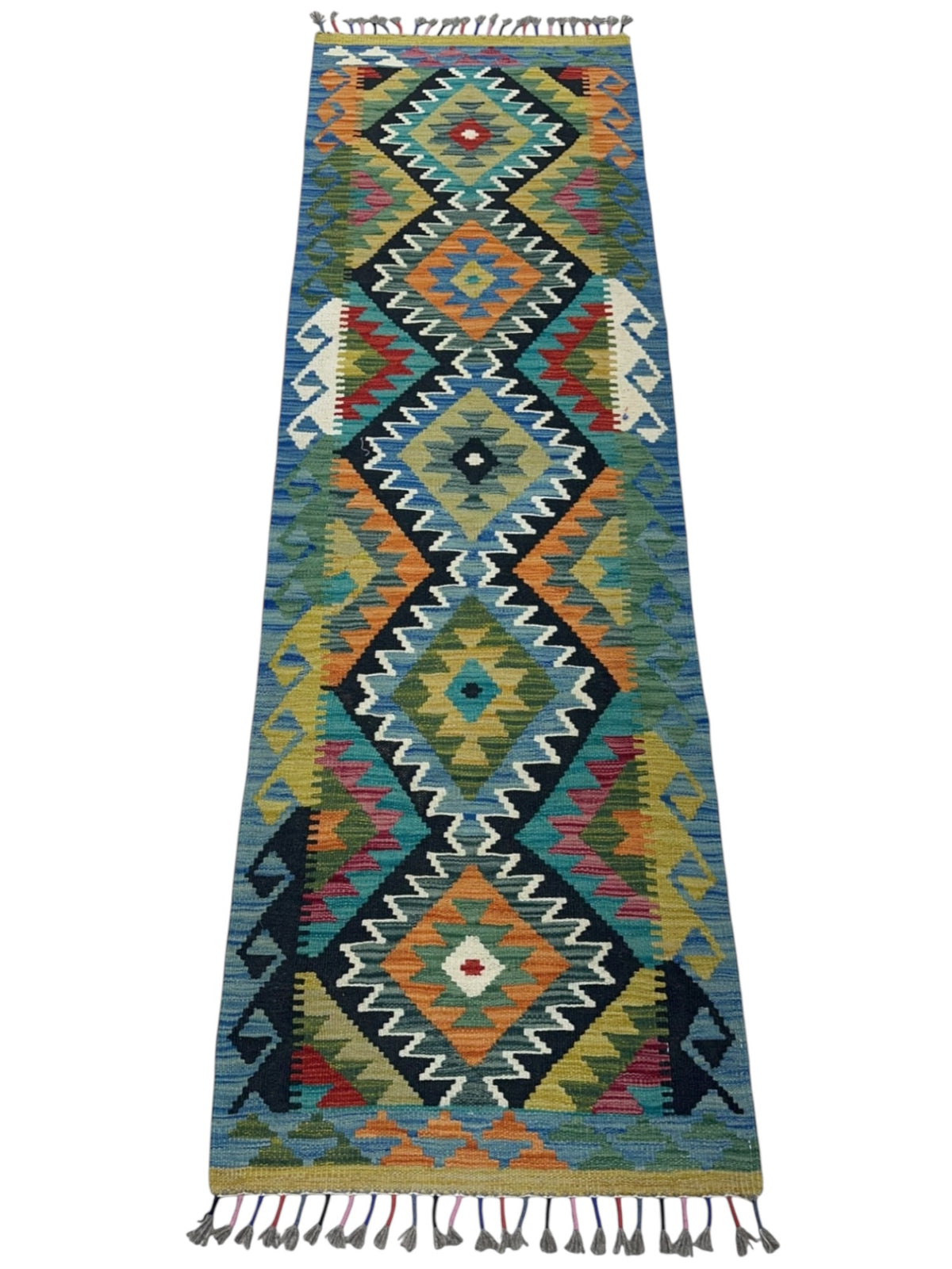 Afghan Kilim Runner 2x6, Blue, Black & Olive Green, Hand-Woven Wool Flatweave, view 2