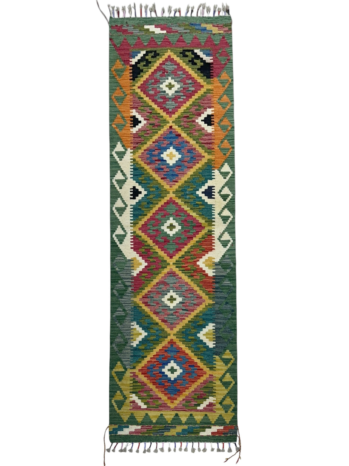 Afghan Kilim Runner 2x6, Green, Orange & Pink, Hand-Woven Wool Flatweave
