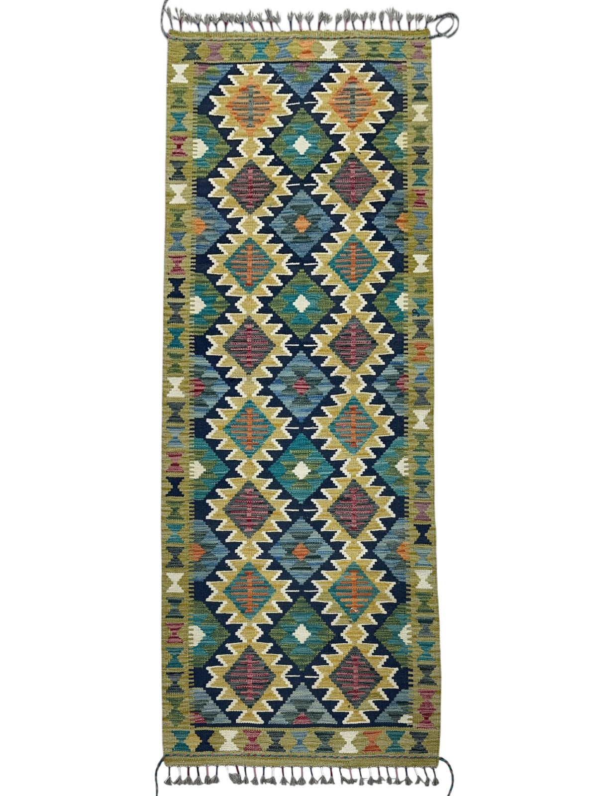 Afghan Kilim Runner 3x7, Olive Green, Navy & Gold, Hand-Woven Wool Flatweave