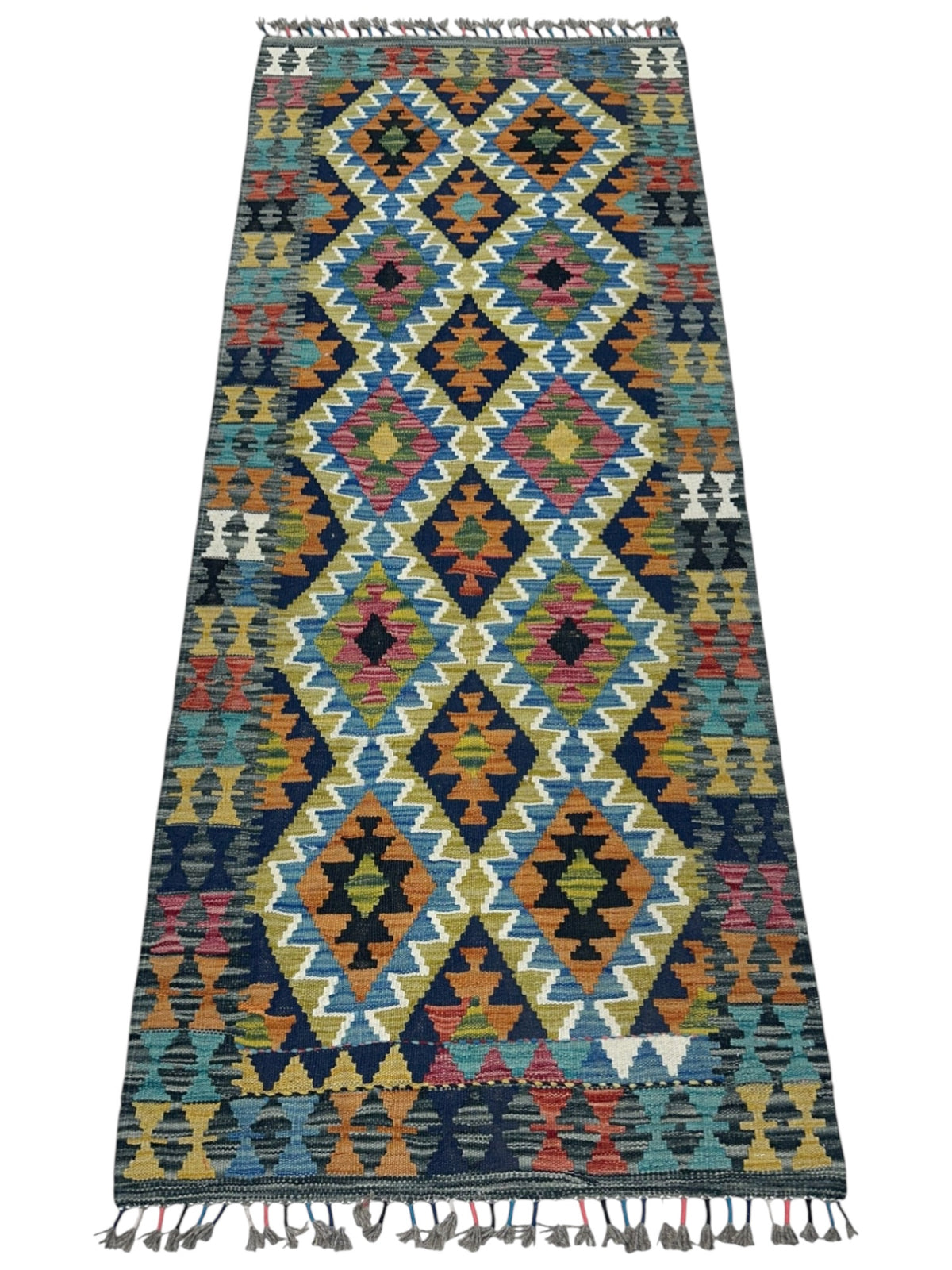 Afghan Kilim Runner 3x7, Teal, Navy & Ivory, Hand-Woven Wool Flatweave, view 2