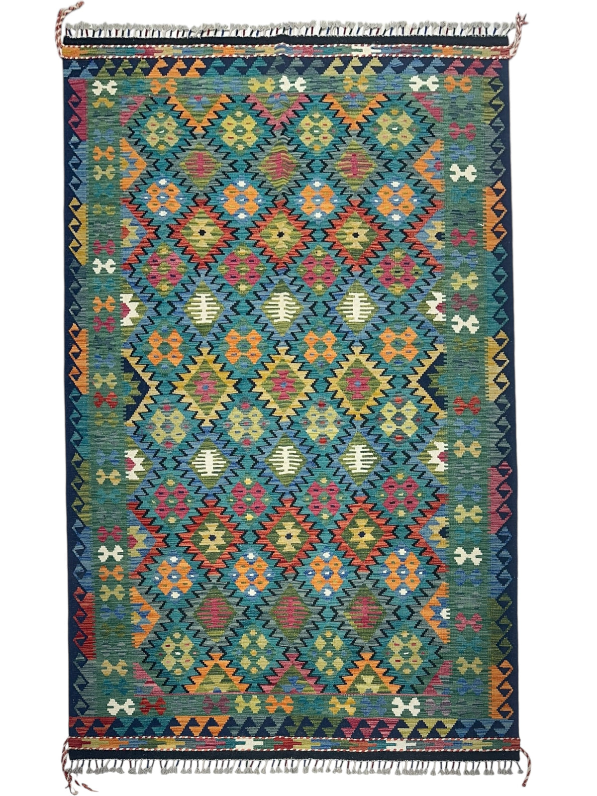 Afghan Kilim Rug 6x9, Teal, Navy & Orange, Hand-Woven Wool Flatweave