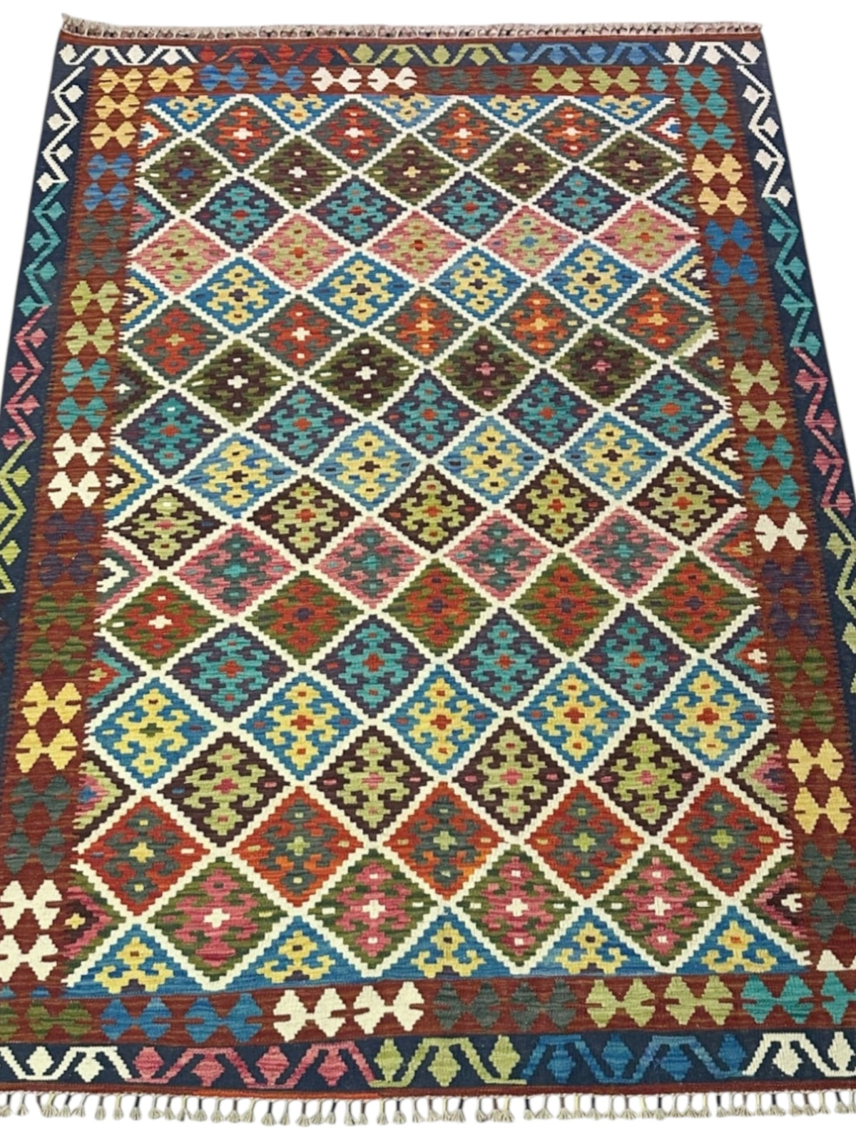 Afghan Kilim Rug 6x8, Rust, Navy & Ivory, Hand-Woven Wool Flatweave, view 2