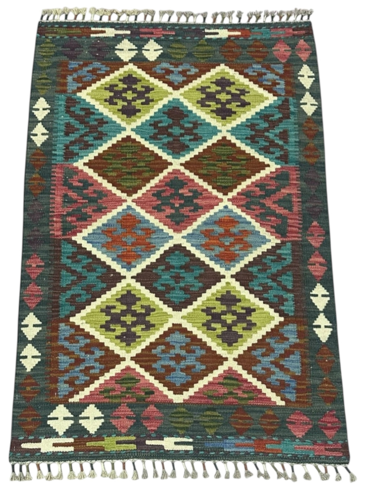 Afghan Kilim Rug 3x4, Brown, Teal & Olive Green, Hand-Woven Wool Flatweave, view 2
