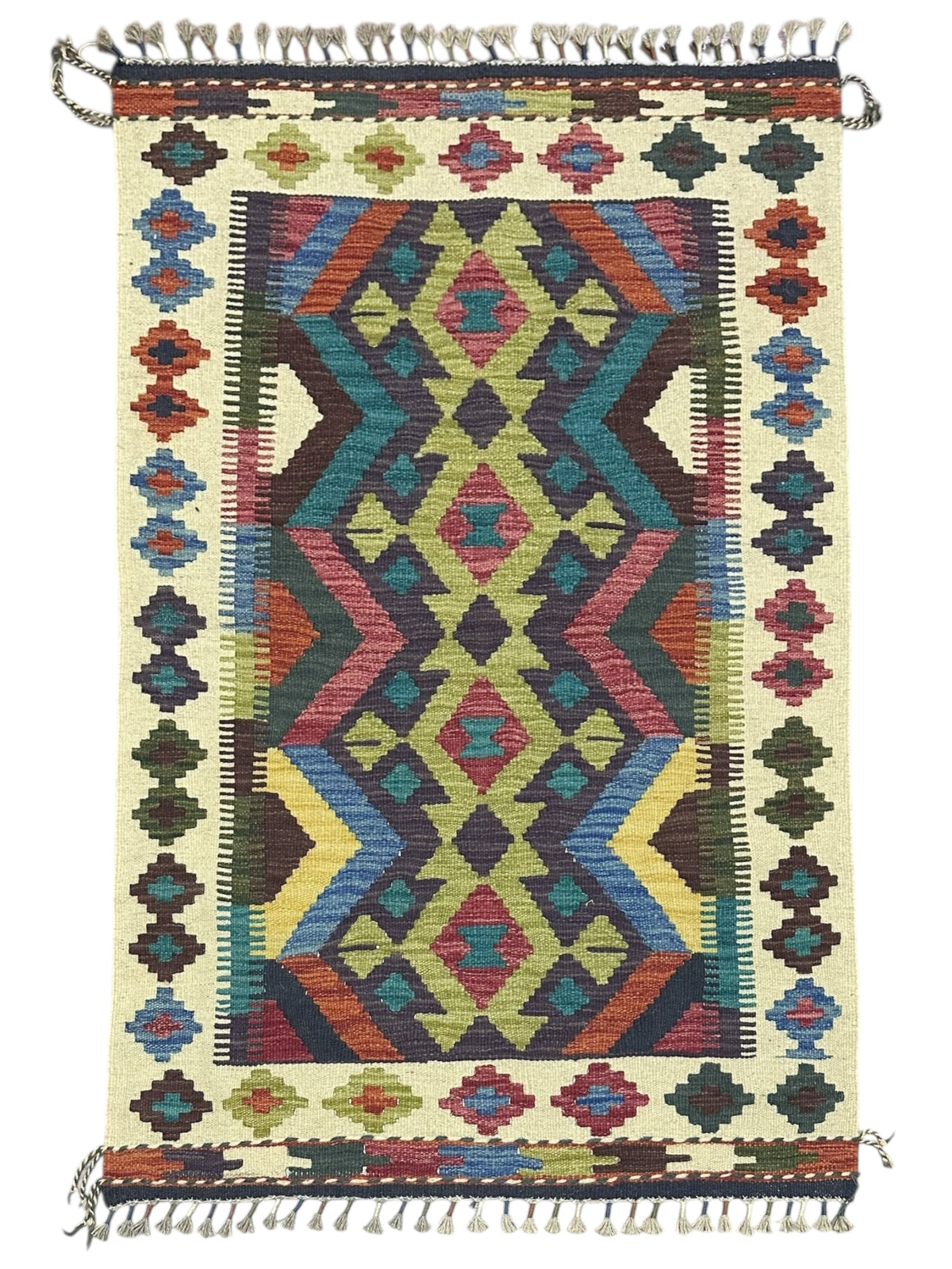 Afghan Kilim Rug 3x4, Ivory, Brown & Teal, Hand-Woven Wool Flatweave