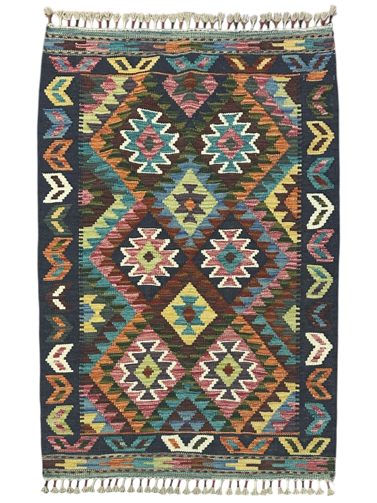 Afghan Kilim Rug 3x4, Navy, Rust & Teal, Diamond Lattice Wool Flatweave