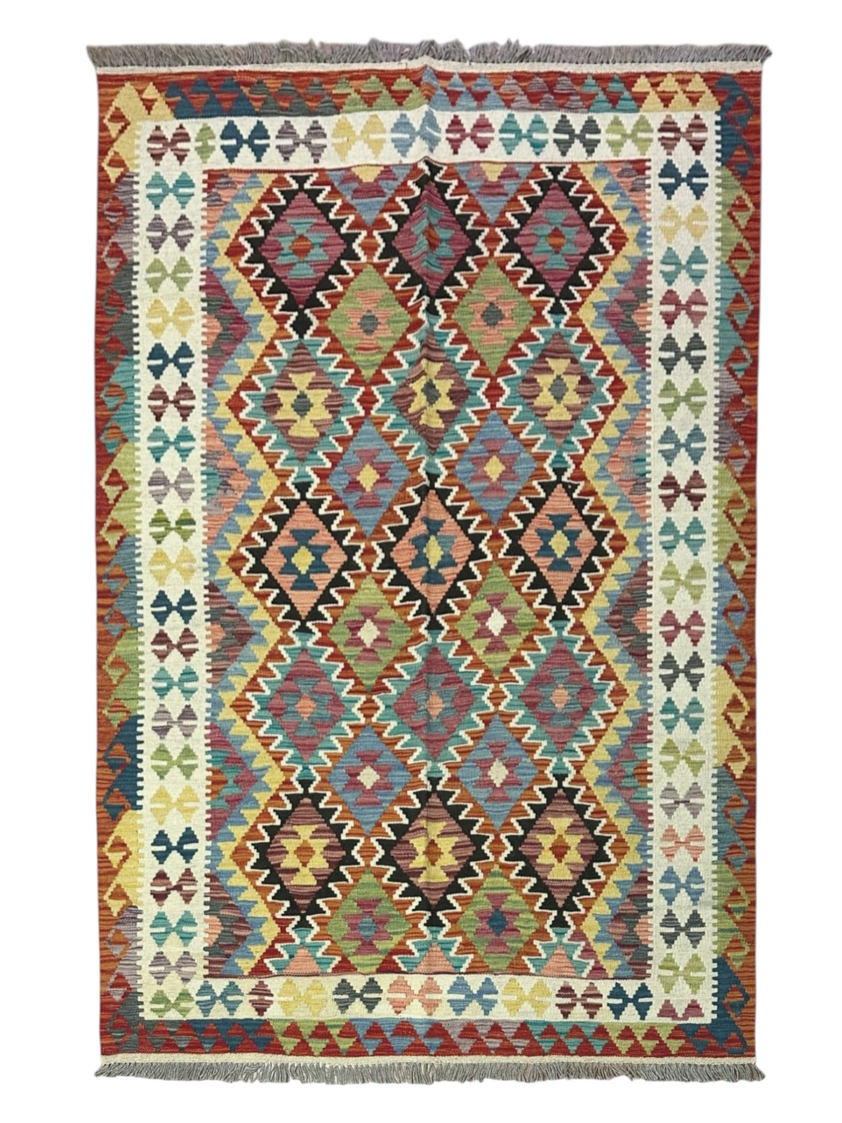 Afghan Kilim Rug 5x7, Rust, Ivory & Navy, Hand-Woven Wool Flatweave