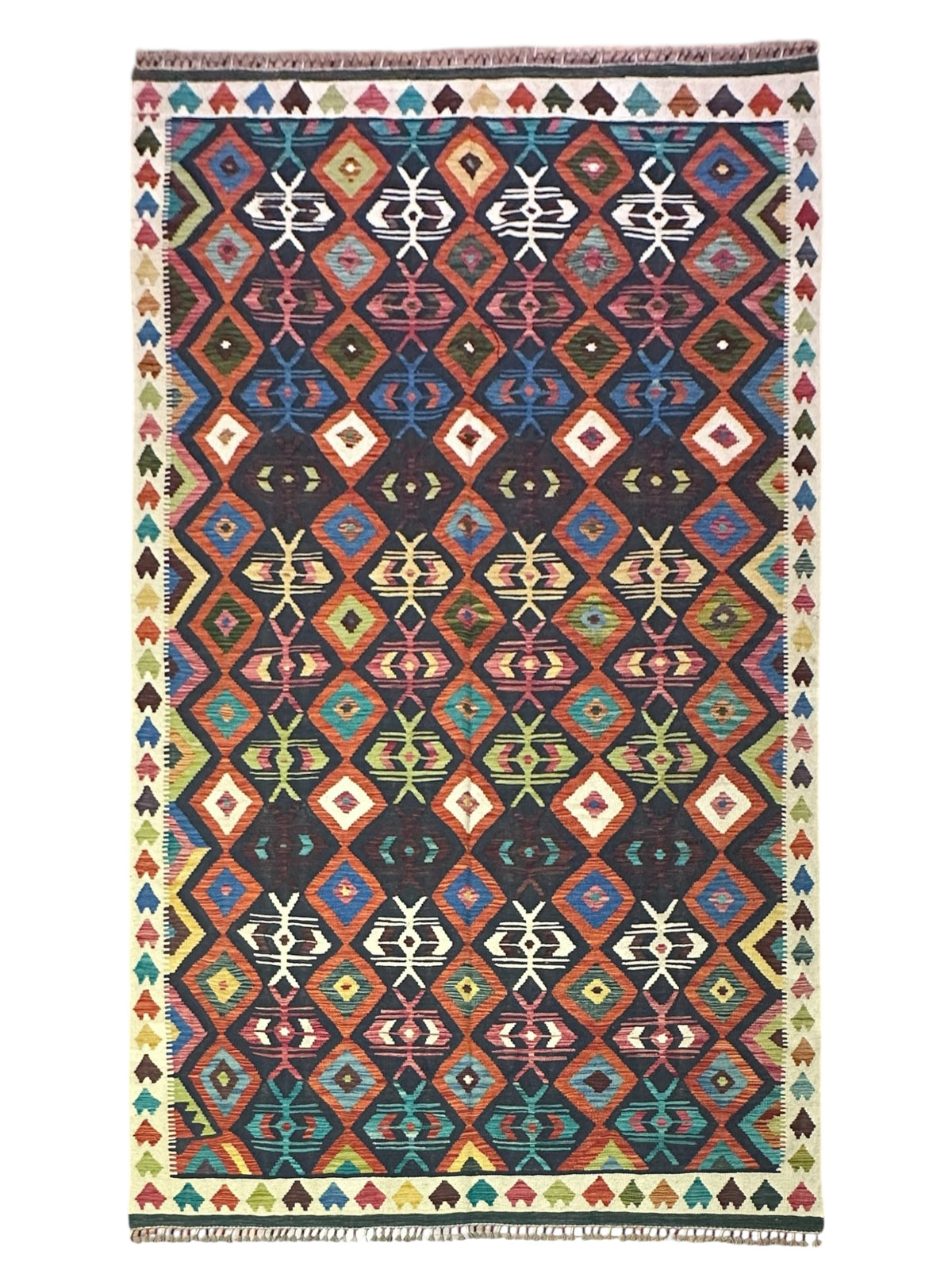 Afghan Kilim Rug 6x10, Navy, Rust & Ivory, Hand-Woven Wool Flatweave