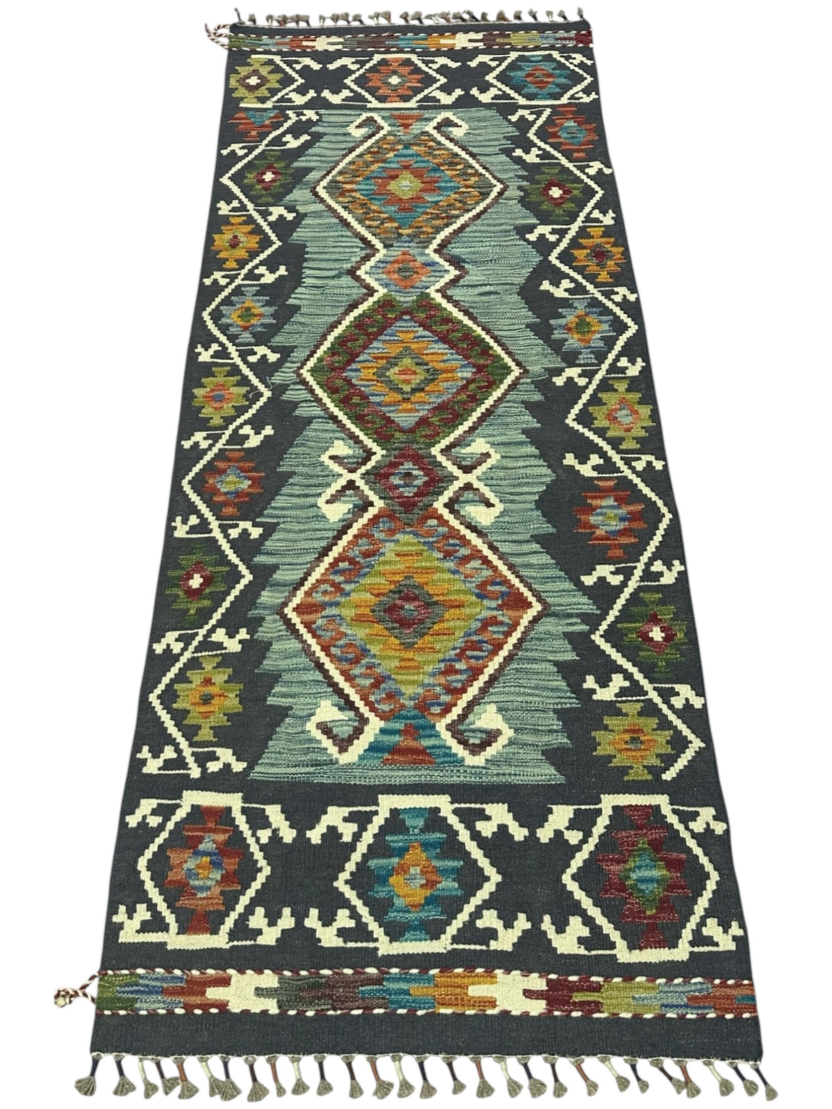 Afghan Kilim Runner 3x6, Navy, Teal & Rust, Hand-Woven Wool Flatweave, view 2