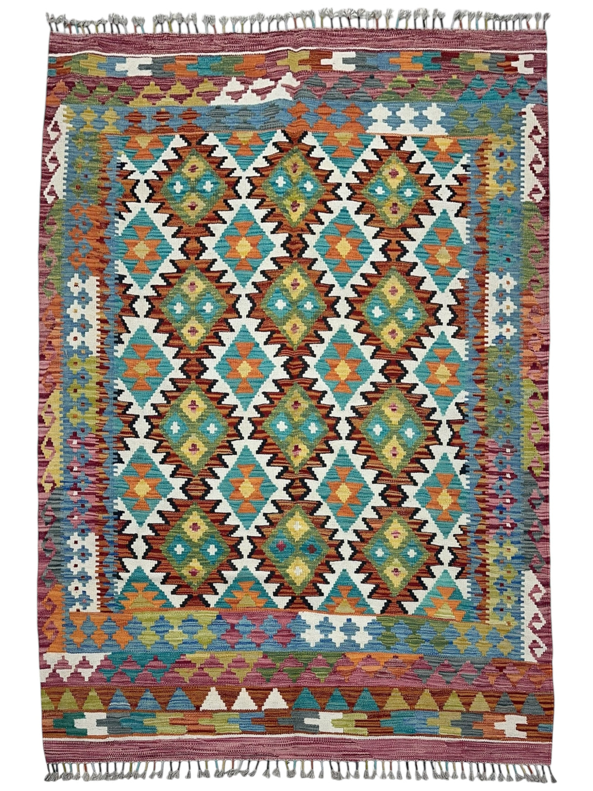 Afghan Kilim Rug 5x7, Ivory, Rust & Pink, Hand-Woven Wool Flatweave
