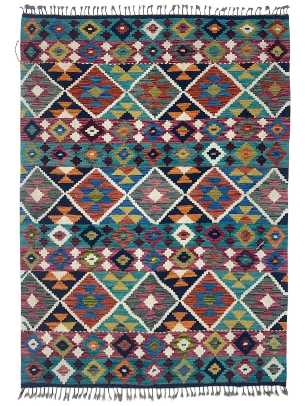 Afghan Kilim Rug 5x6, Navy, Teal & Rust, Hand-Woven Wool Flatweave