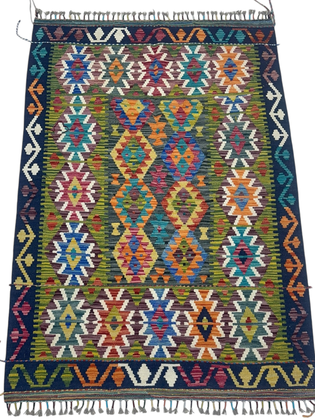 Afghan Kilim Rug 4x6, Olive Green, Navy & Pink, Hand-Woven Wool Flatweave, view 2