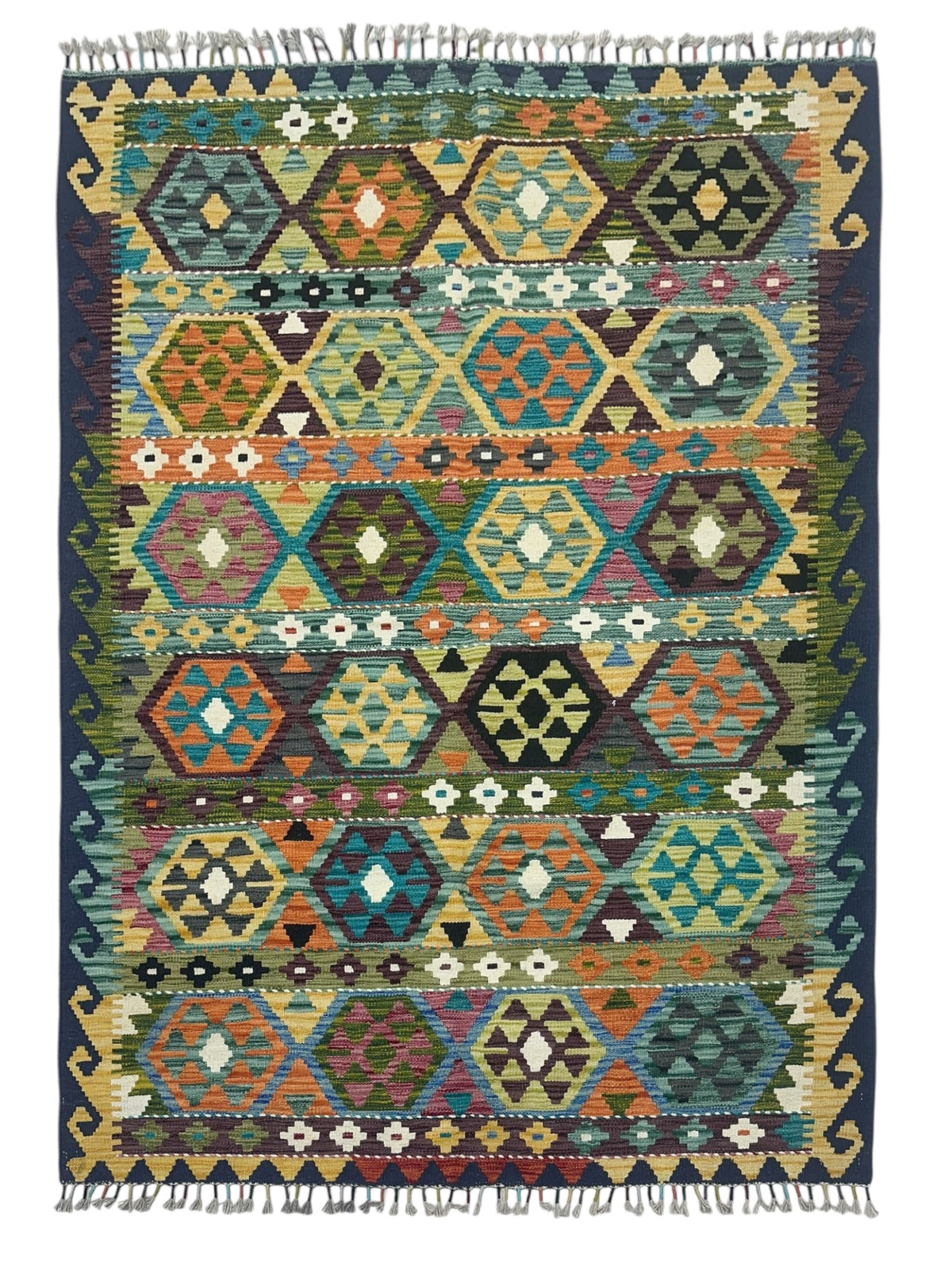 Afghan Kilim Rug 5x6, Gold, Teal & Navy, Hand-Woven Wool Flatweave