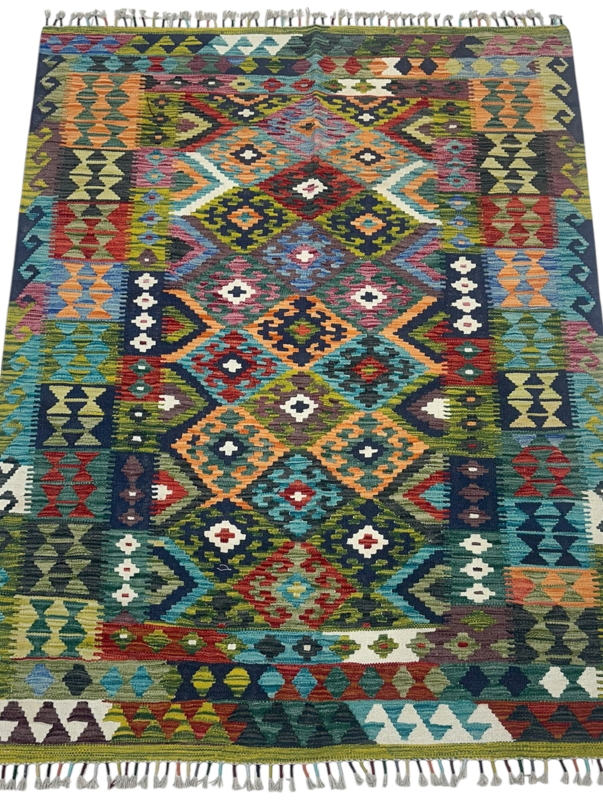 Afghan Kilim Rug 5x6, Olive Green, Teal & Orange, Hand-Woven Wool Flatweave, view 2