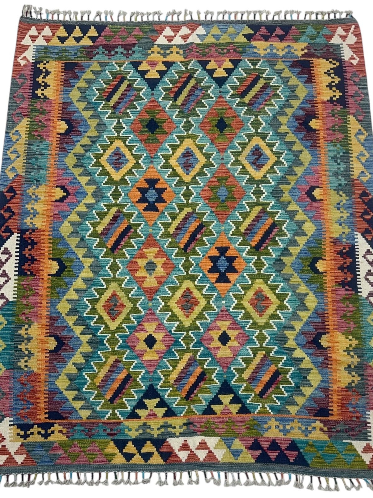 Afghan Kilim Rug 5x6, Teal, Gold & Rust, Hand-Woven Wool Flatweave, view 2