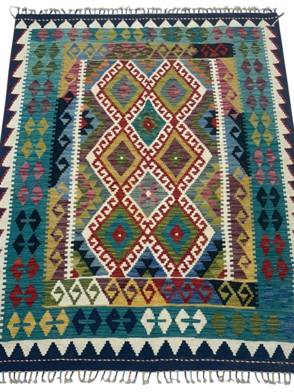 Afghan Kilim Rug 5x6, Teal, Navy & Ivory, Hand-Woven Wool Flatweave, view 2