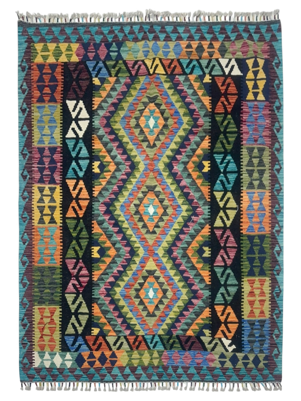 Afghan Kilim Rug 5x7, Teal, Black & Pink, Hand-Woven Wool Flatweave