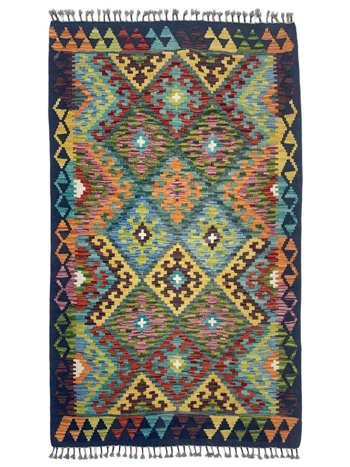 Afghan Kilim Rug 4x6, Olive Green, Navy & Gold, Hand-Woven Wool Flatweave