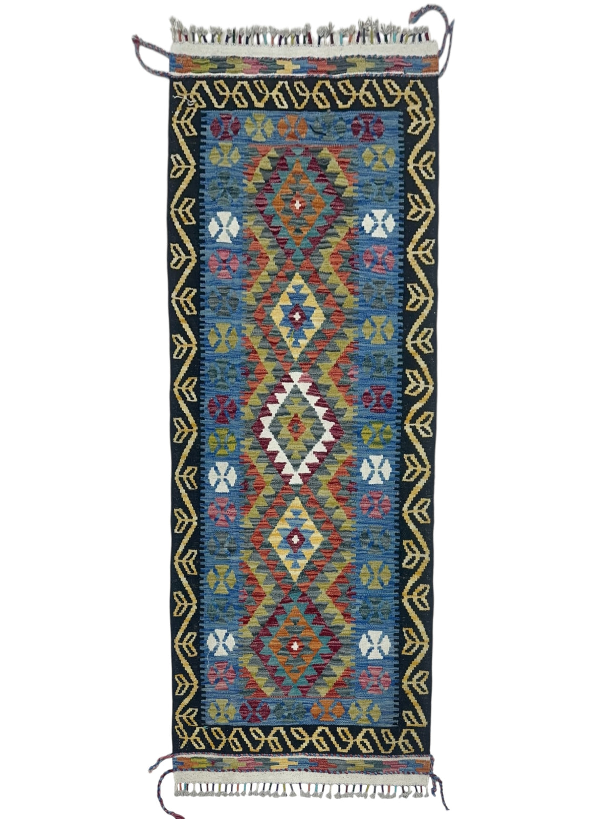 Afghan Kilim Rug 3x6, Blue, Black & Gold, Diamond Medallion Wool Flatweave