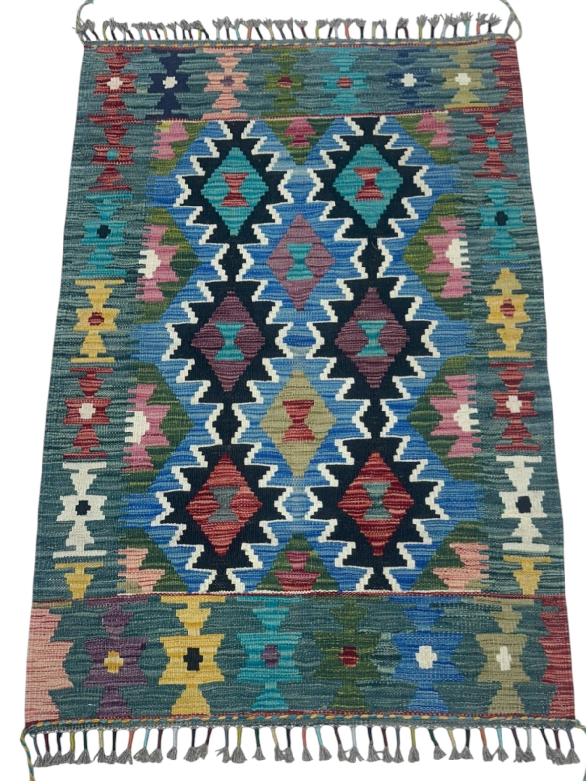 Afghan Kilim Rug 3x4, Teal, Blue & Black, Hand-Woven Wool Flatweave, view 2