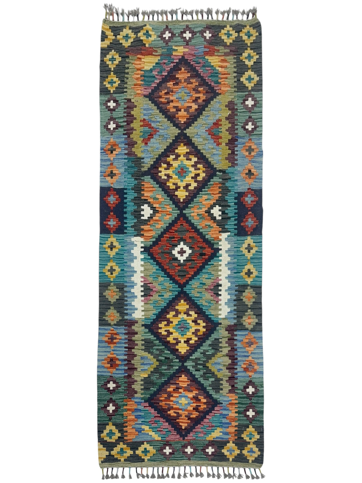 Afghan Kilim Runner 3x6, Olive Green, Blue & Navy, Hand-Woven Wool Flatweave