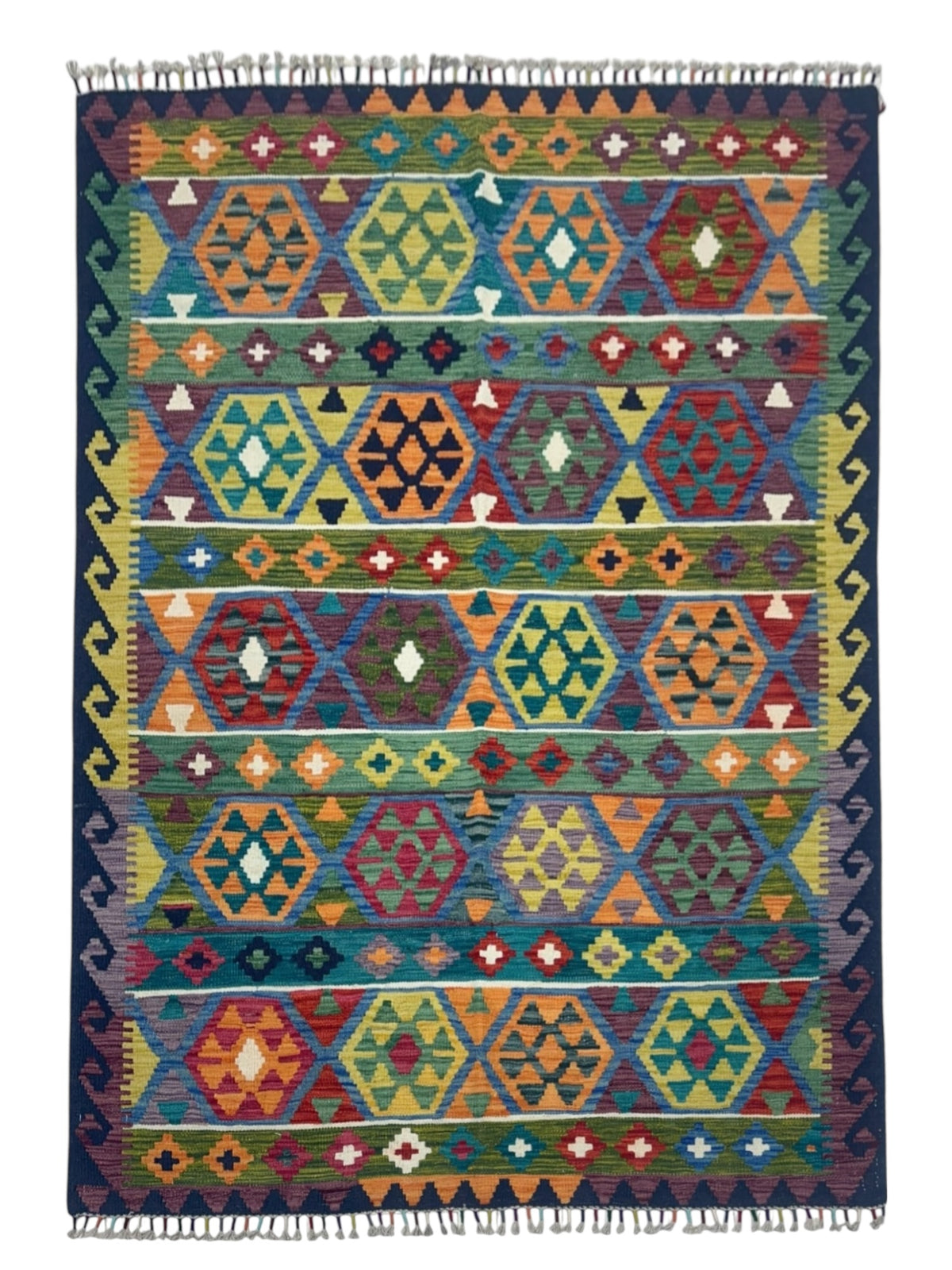 Afghan Kilim Rug 5x7, Navy, Orange & Olive Green, Hand-Woven Wool Flatweave