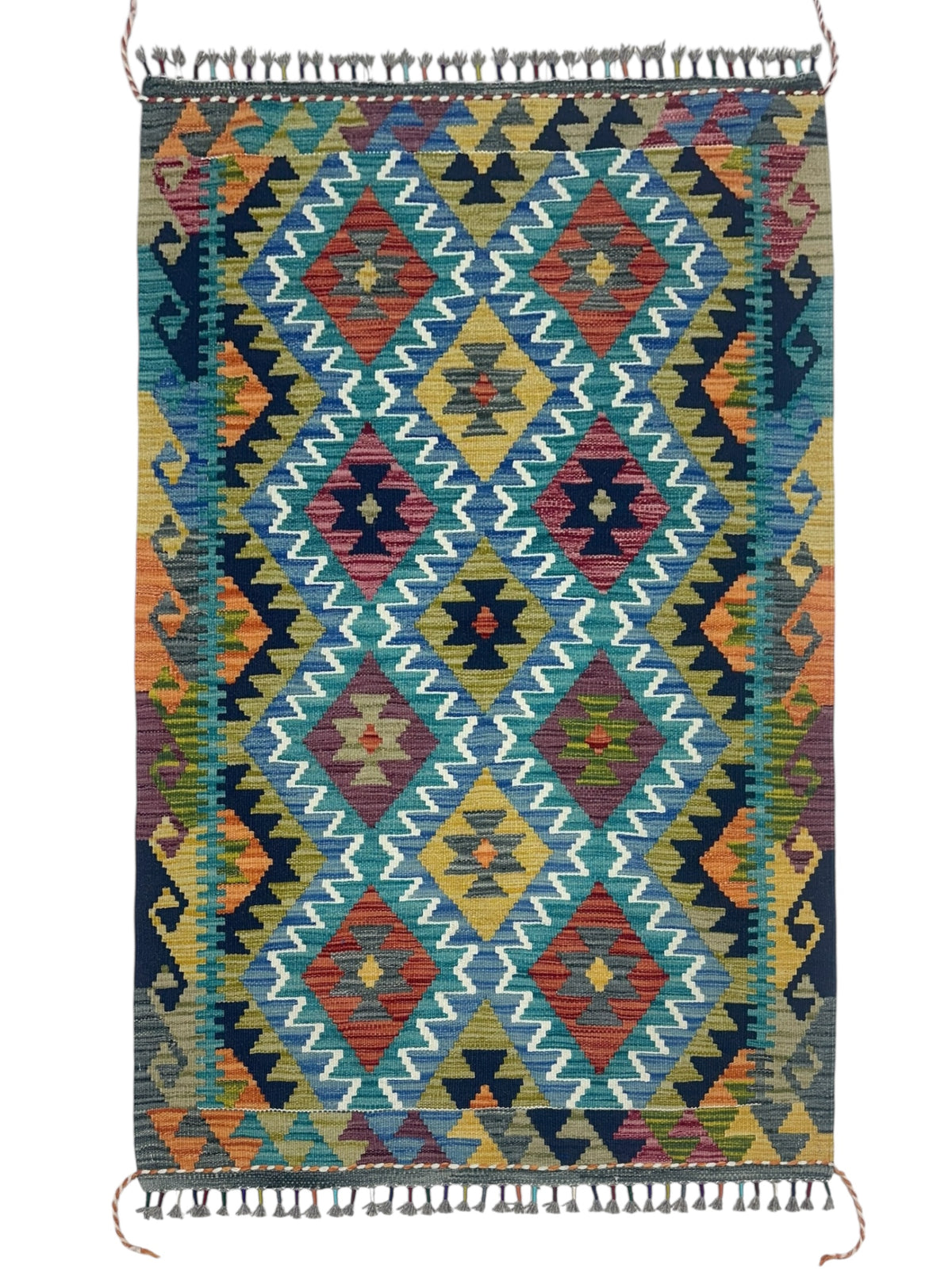Afghan Kilim Rug 3x5, Teal, Olive Green & Navy, Hand-Woven Wool Flatweave