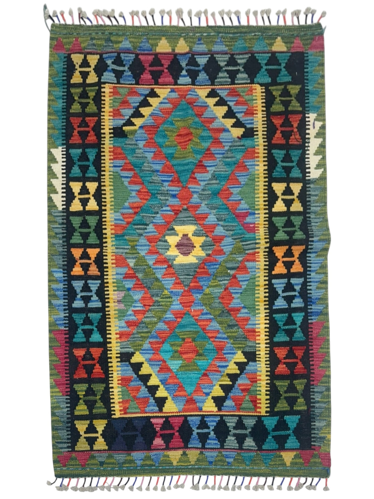 Afghan Kilim Rug 4x5, Black, Teal & Green, Hand-Woven Wool Flatweave