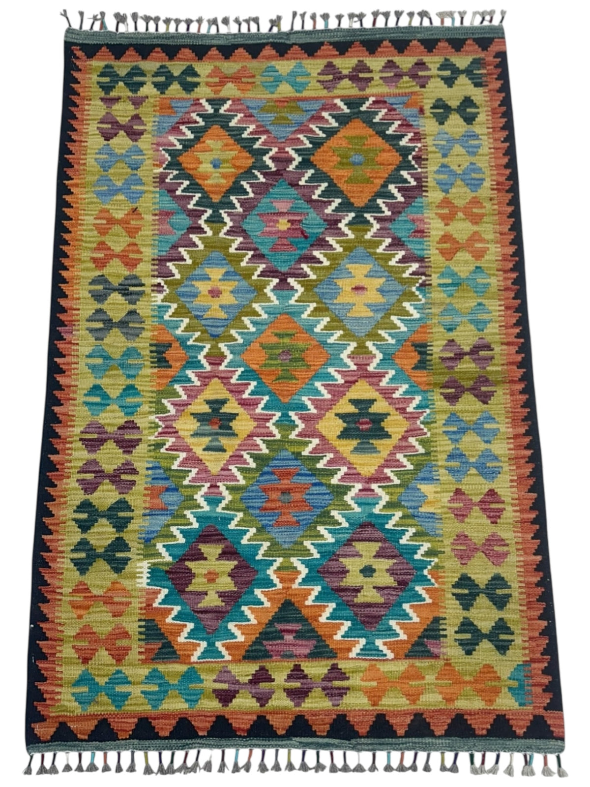 Afghan Kilim Rug 3x5, Orange, Teal & Gold, Hand-Woven Wool Flatweave, view 2