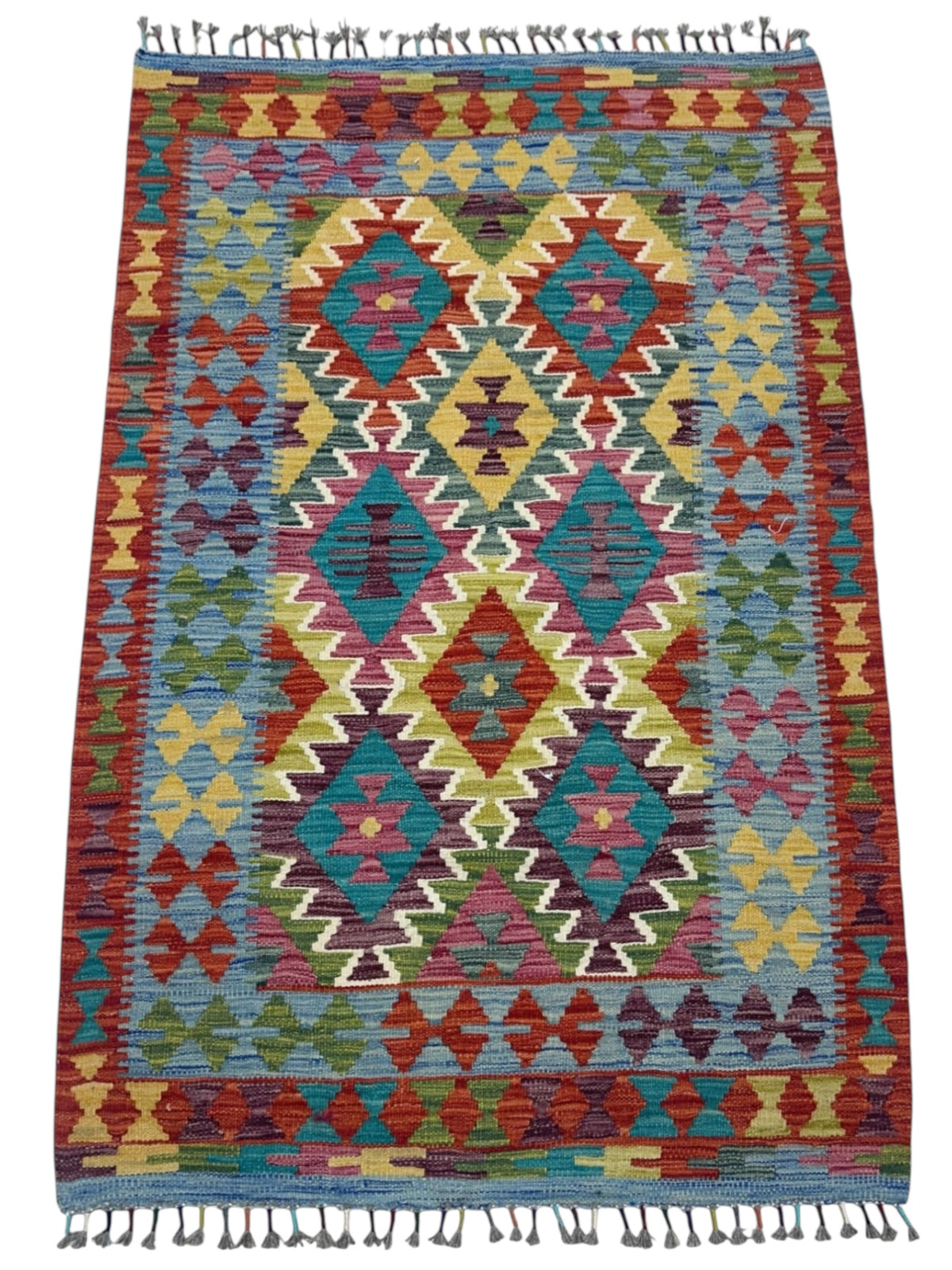 Afghan Kilim Rug 3x5, Rust, Teal & Gold, Hand-Woven Wool Flatweave, view 2